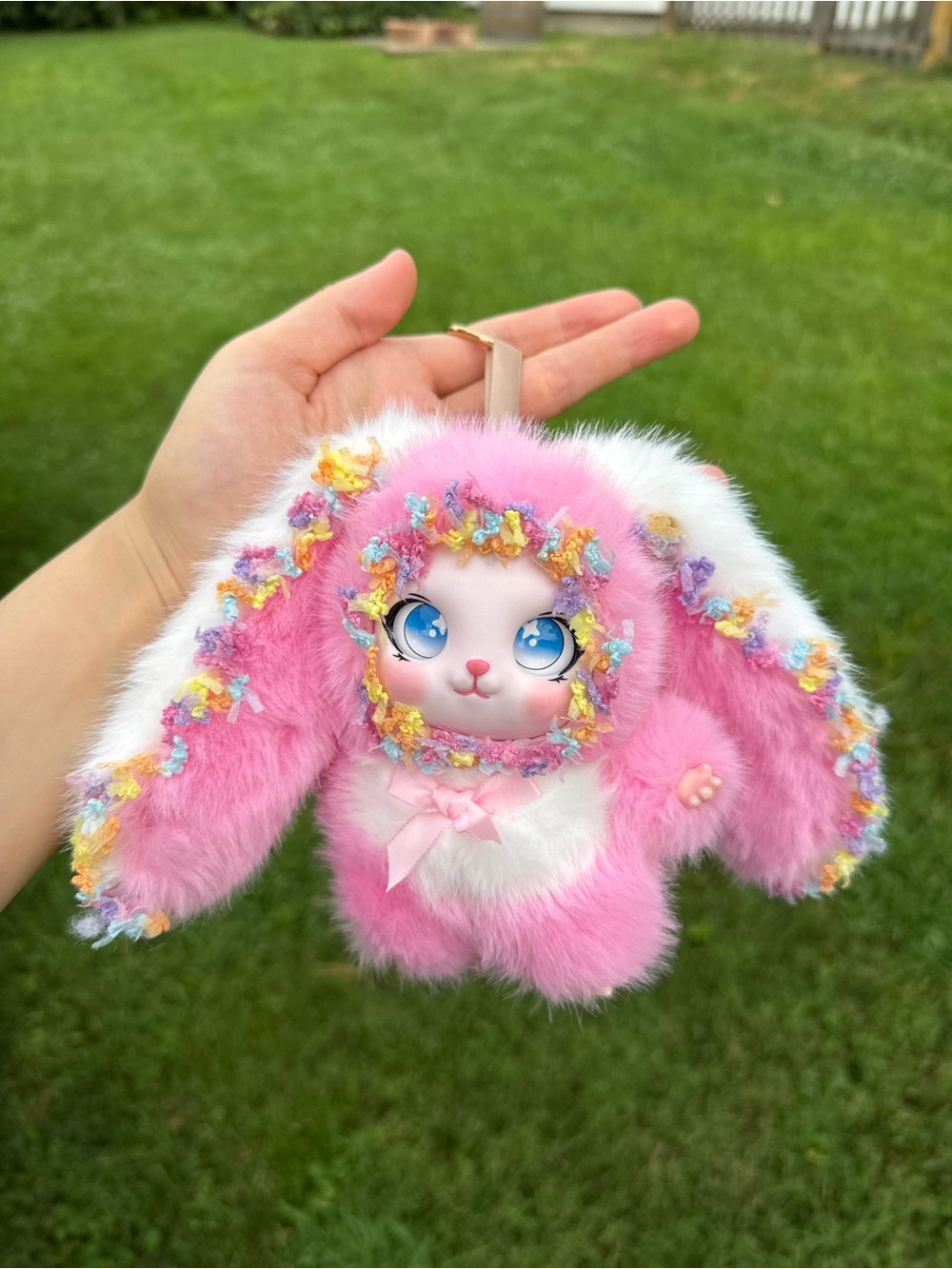 Pink Plush Bunny Keychain with Decorative Trim. Backpack Charm for Kids.Birthday